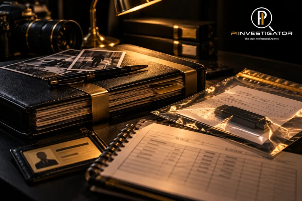 PI Investigator digital investigation services featuring surveillance photographs, location maps, and digital evidence analysis.