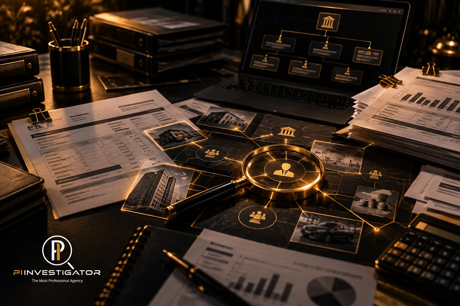 PI Investigator corporate investigation services featuring business records, financial documents, and evidence analysis.