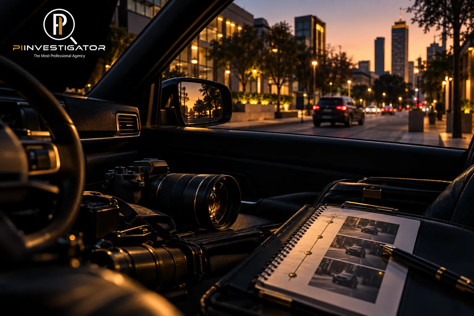 PI Investigator surveillance services featuring a camera, investigation notes, and a city street at dusk.