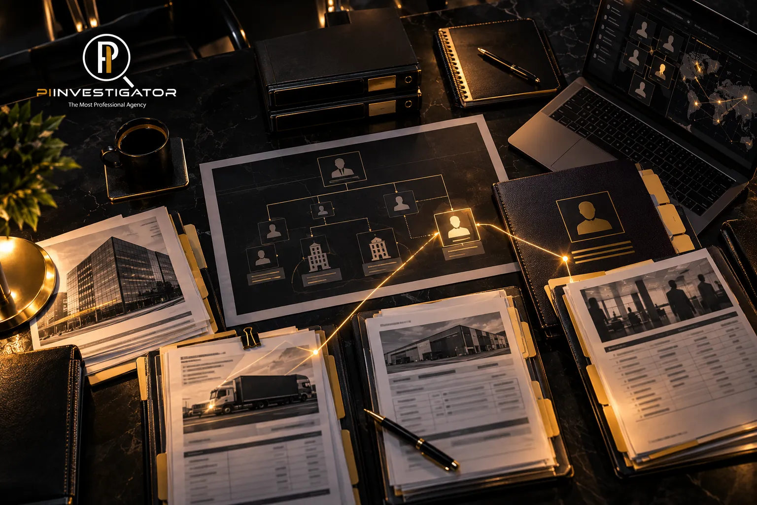 PI Investigator surveillance services featuring a camera, investigation notes, and a city street at dusk.
