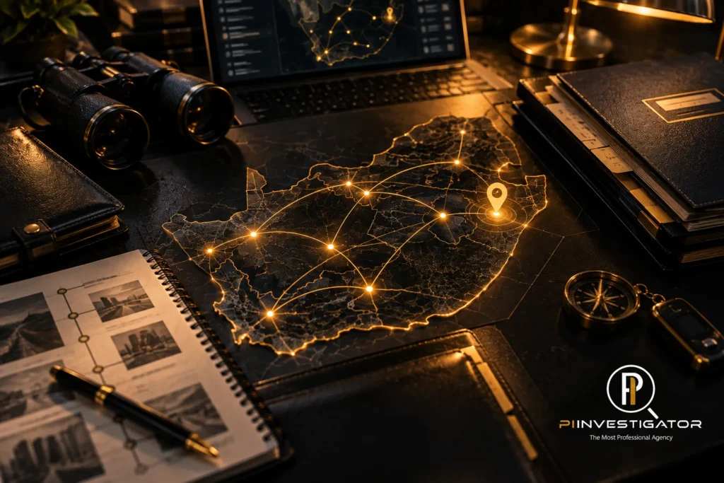 PI Investigator asset tracing and location investigation services featuring a map of South Africa, location markers, and investigation equipment.