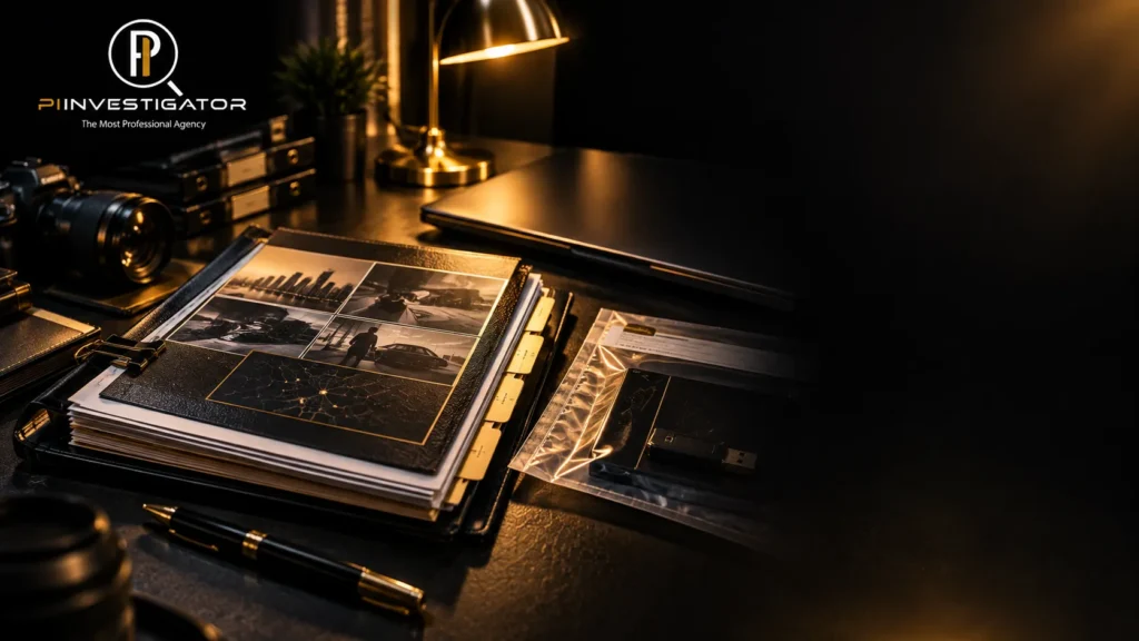 PI Investigator private detective services featuring investigation files, surveillance photographs, and digital evidence.