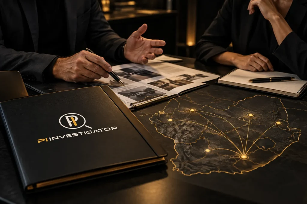Professional private investigators reviewing case files and a South Africa map for investigation services | PI Investigator